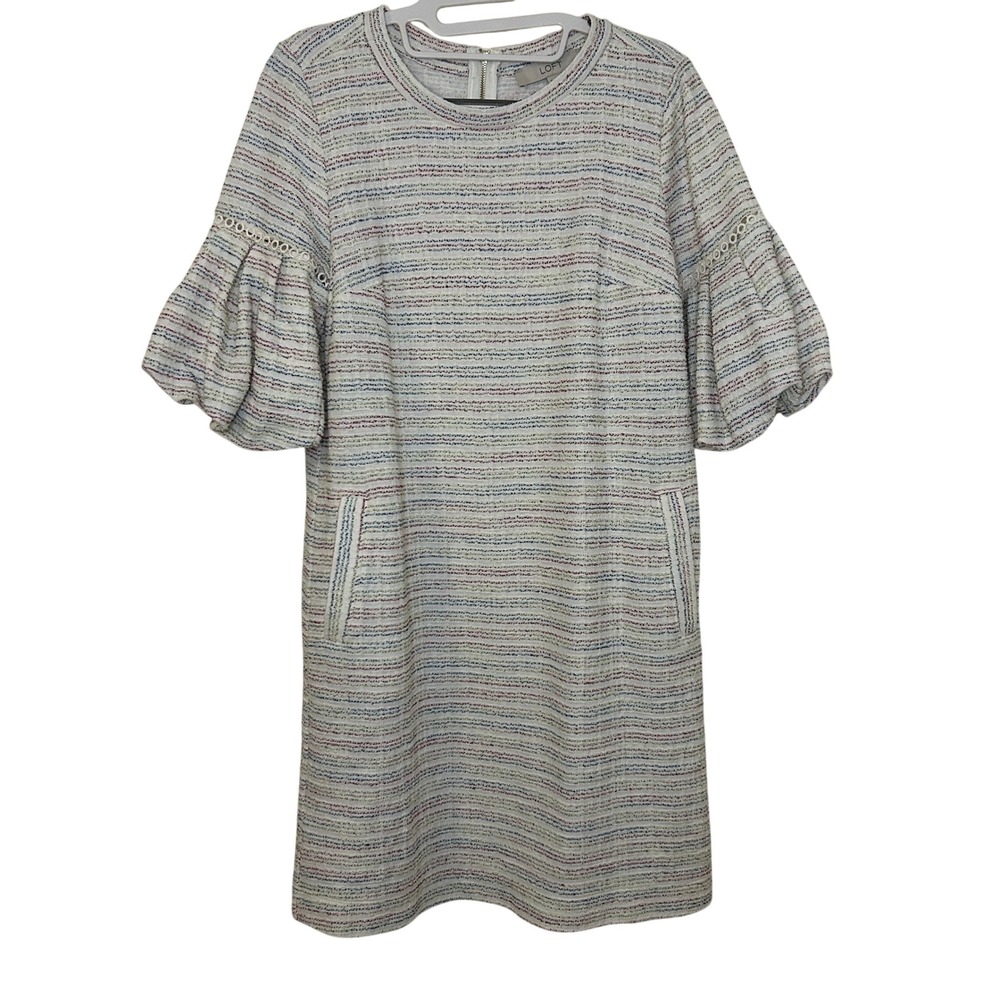 LOFT Boucle Cotton‎ Blend Textured Stripe Puff Sleeve Shift Dress Size S - Picture 2 of 8